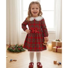 KWD04: Baby Girls Red Tartan Bow Dress With Lace Trim & Lining (0-4 years, Made in UK)